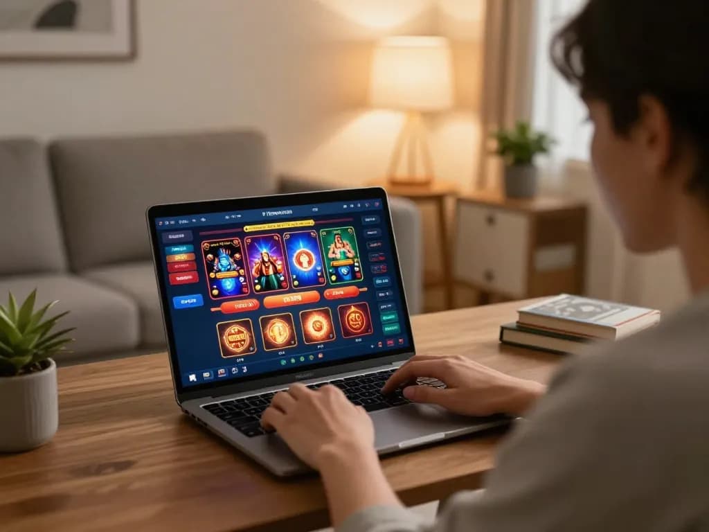 Engaging gameplay on a laptop showing link 45678 online casino interface in a cozy living room.