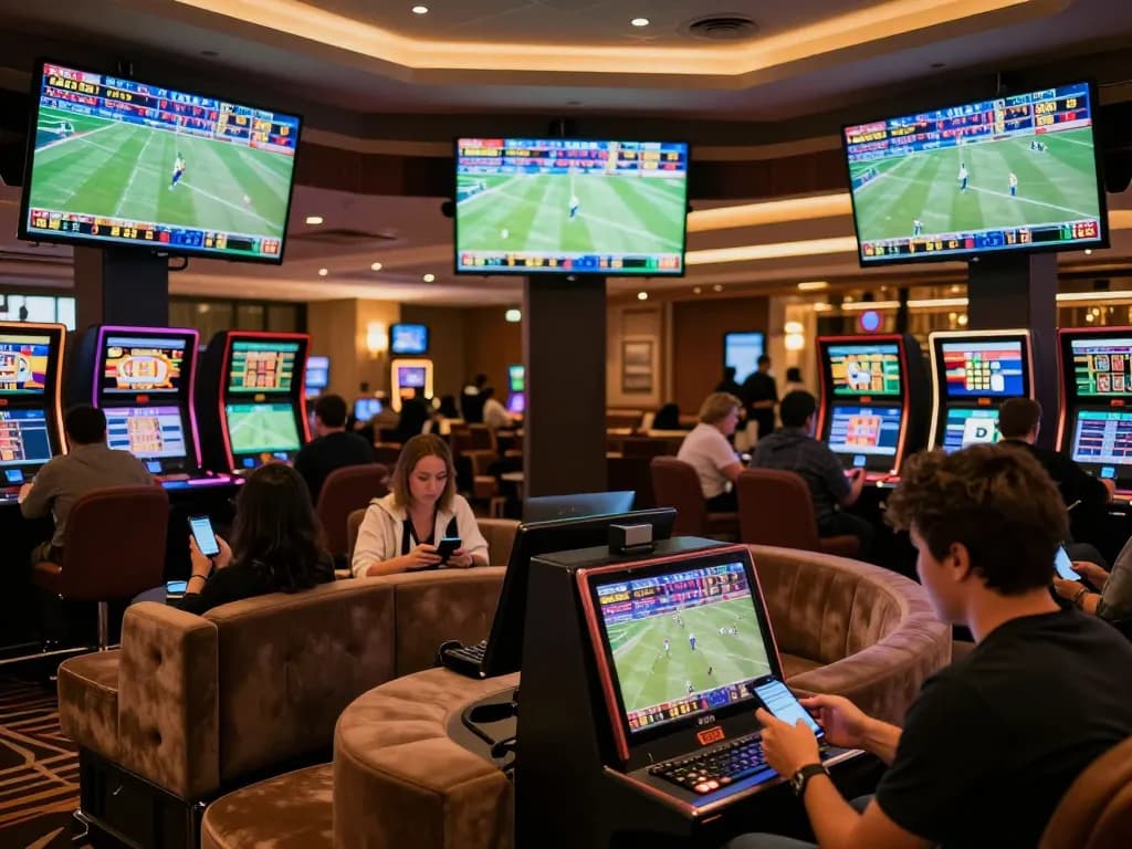 Tỷ lệ kèo nhà cái 5 displayed on screens in vibrant sports betting area, capturing gamblers placing bets.