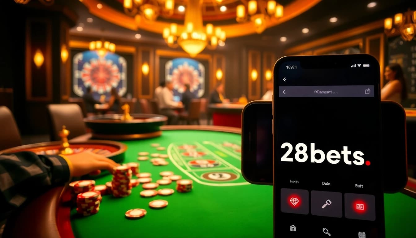 Engaging gameplay at https://28bets.casino/ with poker chips, a spinning roulette wheel, and an immersive atmosphere.