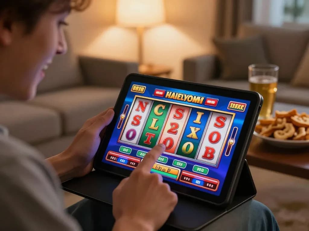 Player enjoying Lode88 slot games on a tablet in a cozy home setting with snacks nearby.