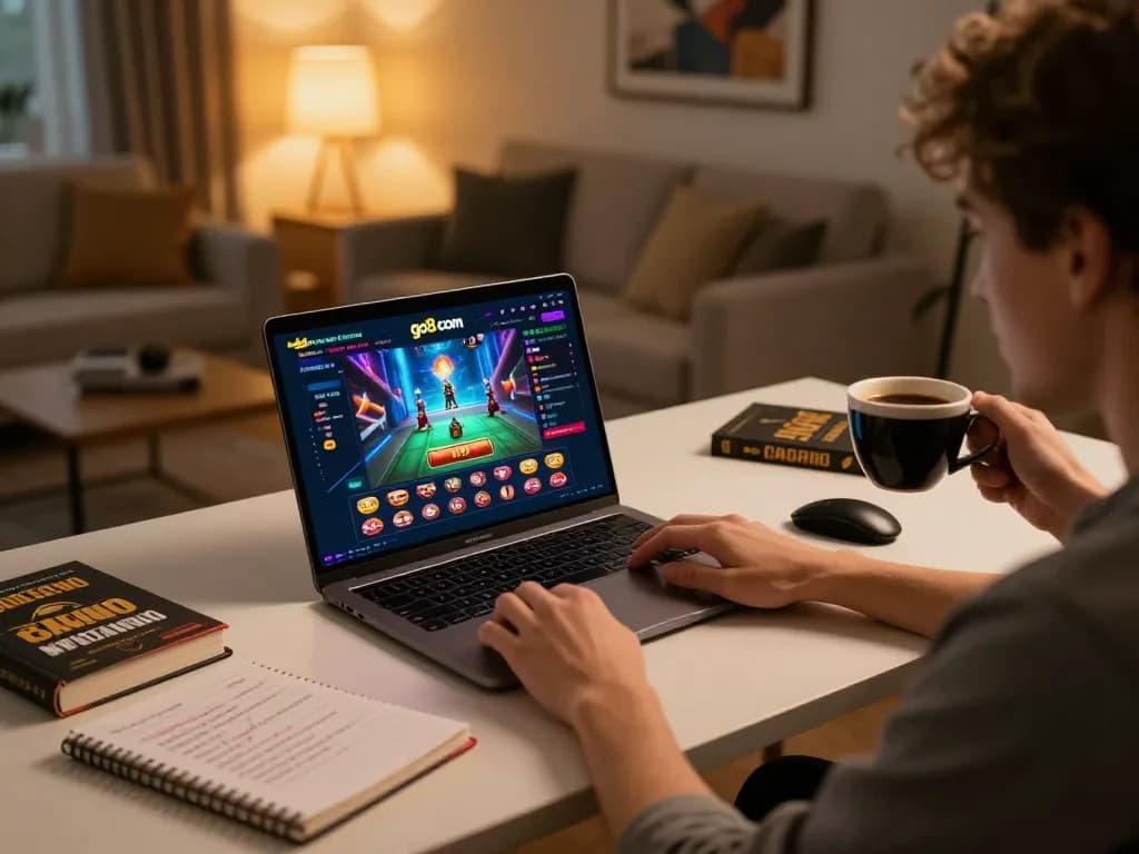 Engaged player exploring go8 com casino on laptop, drinking coffee in a cozy home office.