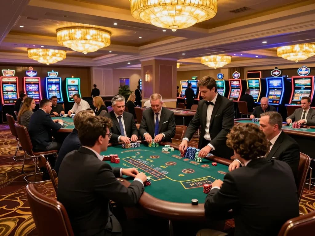 Players enjoying high-stakes blackjack at https://rr88.navy/ casino, chips stacked, luxurious ambiance.