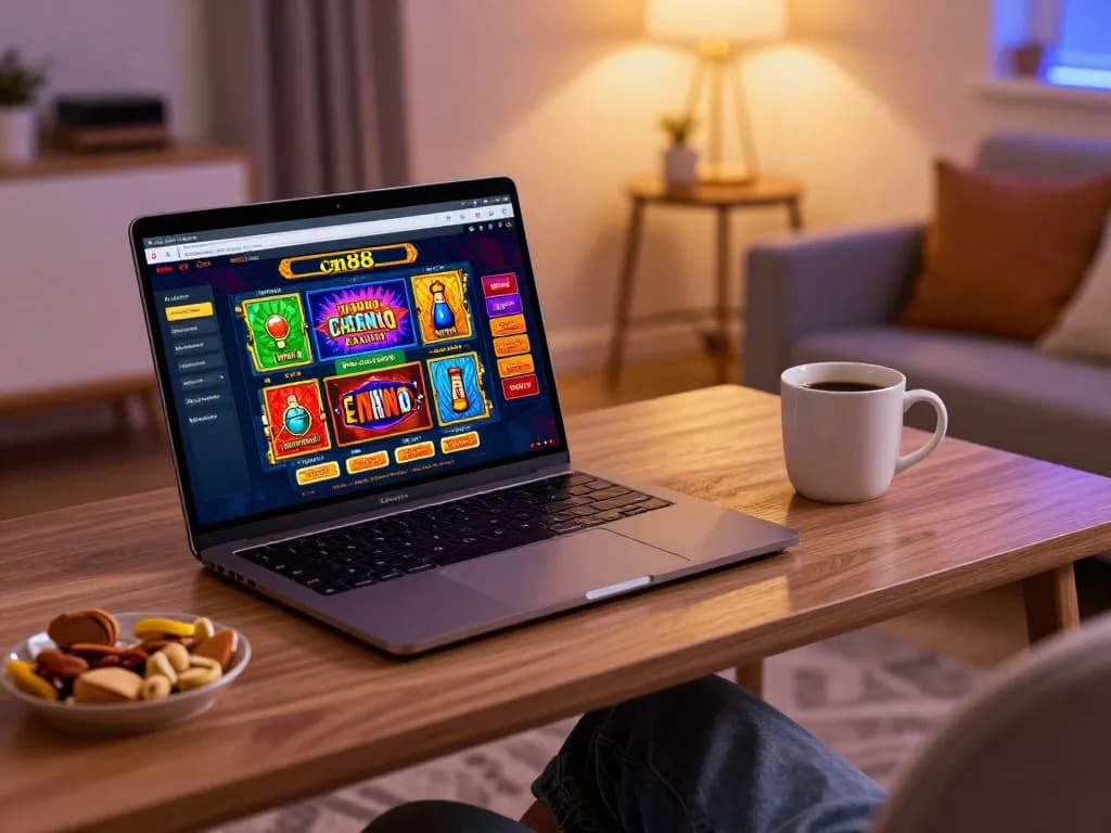 Engaging online gaming experience with cm88 on a stylish laptop showcasing vibrant casino games.