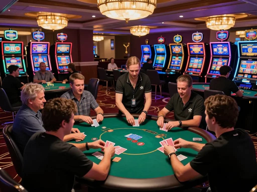 Players engaging in intense poker action at F8BET's vibrant casino floor, showcasing excitement and strategic gameplay