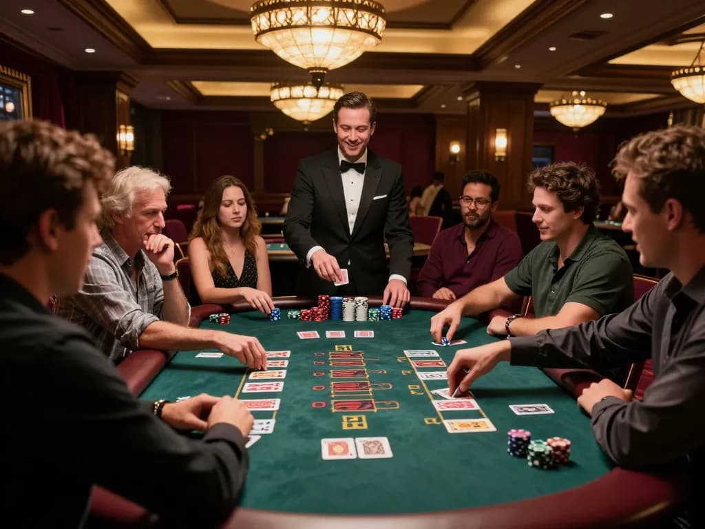 Players engaging in intense blackjack action at a luxury casino table, excitement builds around luck88.