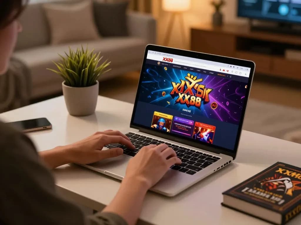 Player engaging on the XX88 online casino platform with a stylish home setup.