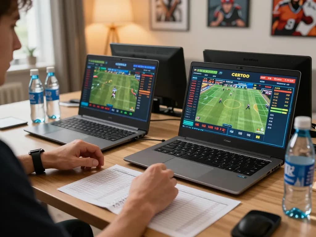 Engaging scene of kerajaanslot setup with a person placing live sports bets in a cozy home environment.