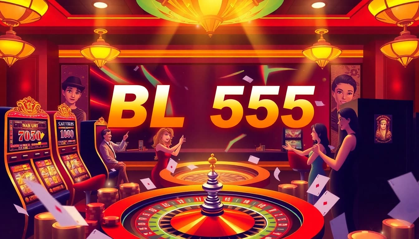 Experience thrilling casino action with BL555, featuring vibrant slot machines and poker tables.