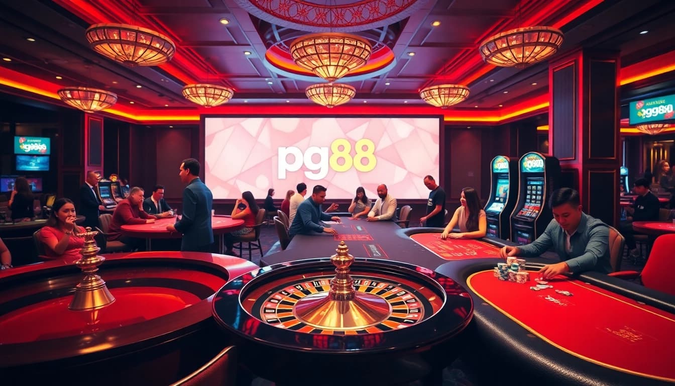 Engaging scene of gamblers enjoying tables at pg88 casino showcasing excitement and diverse games.