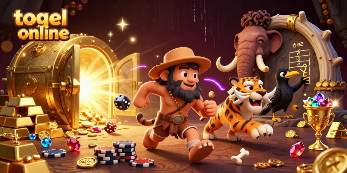 Engage in togel online with this vibrant cartoon scene featuring a prehistoric casino.