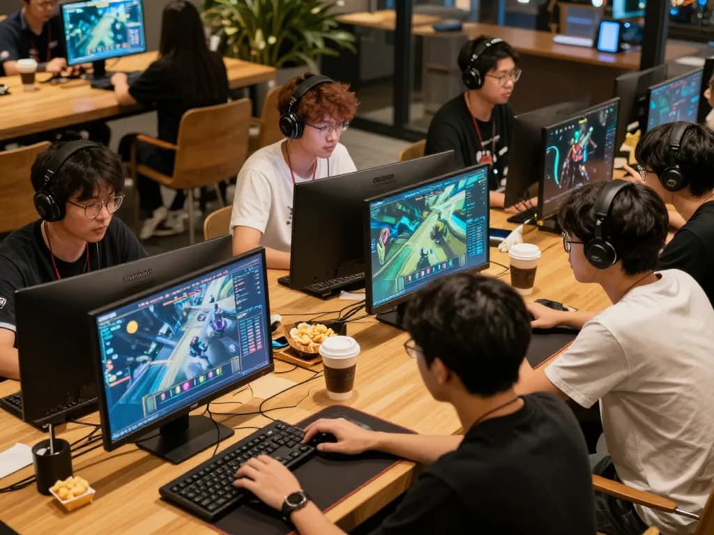 Exciting esports betting in Singapore, showcasing gamers discussing strategies over drinks in a café