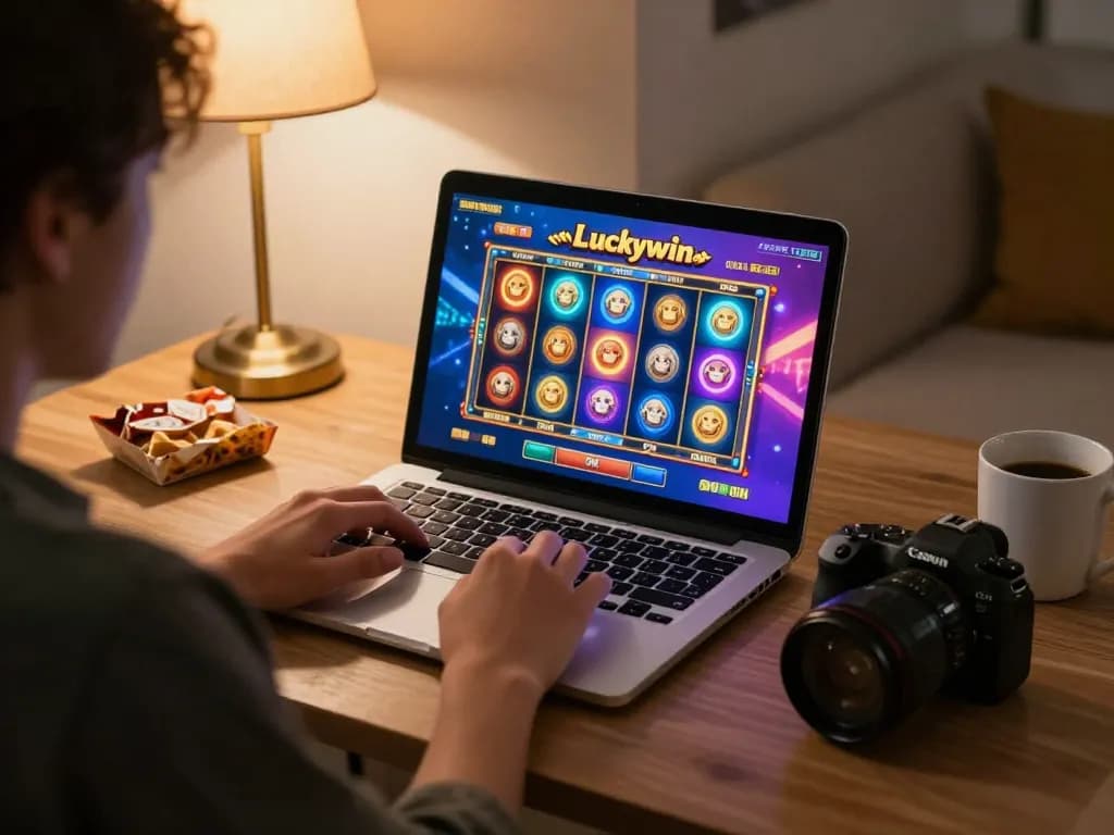 Engaged in luckywin slot gaming on laptop, showcasing a vibrant and cozy online setup.