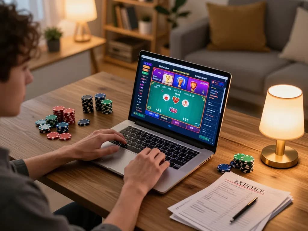 Engaged in online poker gaming with okking, showcasing a vibrant home setup and strategy notes.