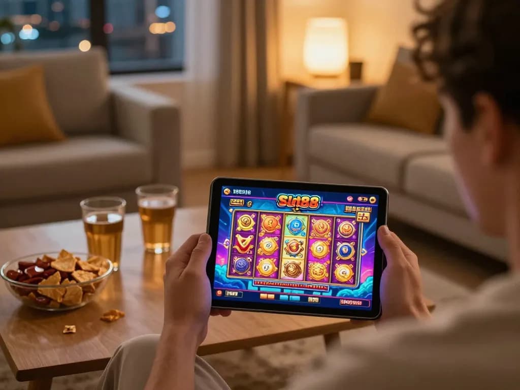 Engaging online gameplay experience with slot88 resmi interface displayed on tablet, showcasing a comfortable home setup.