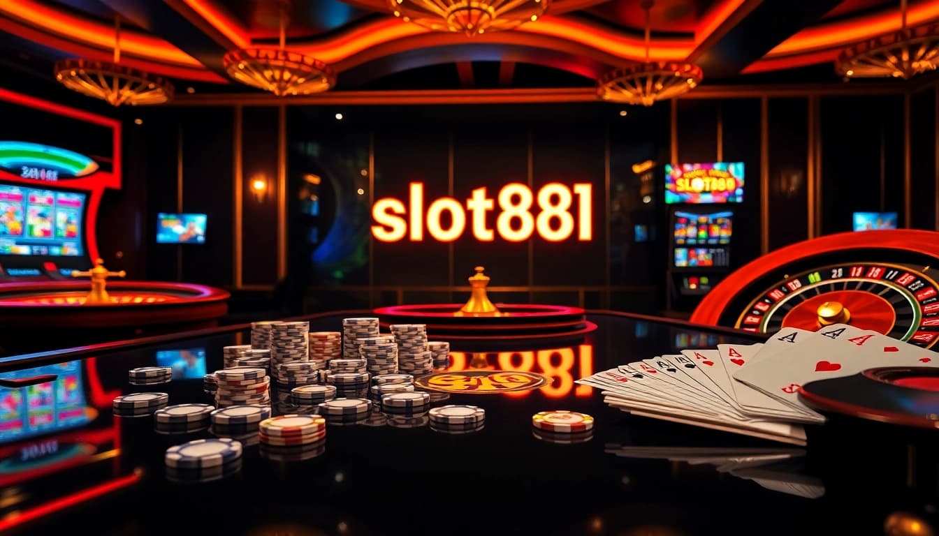 Player engaging with the vibrant slot888 machine in a luxurious casino atmosphere, featuring poker chips and casino cards.