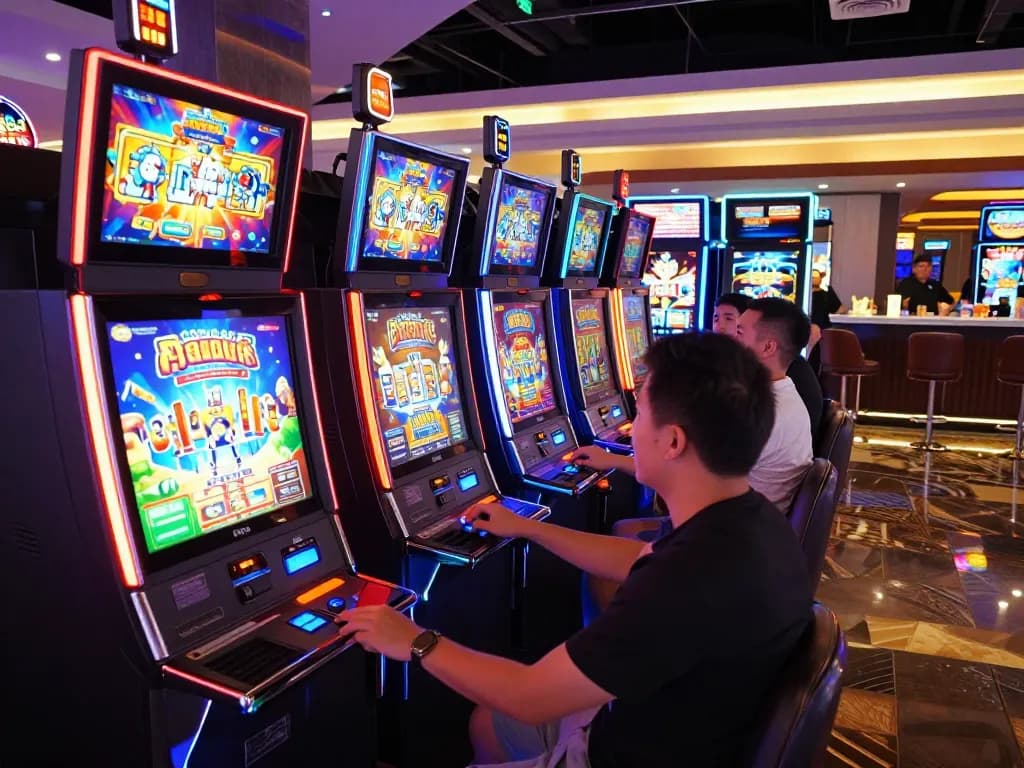 Players engaging with slot machines at 88aa casino, vibrant colors and exciting atmosphere