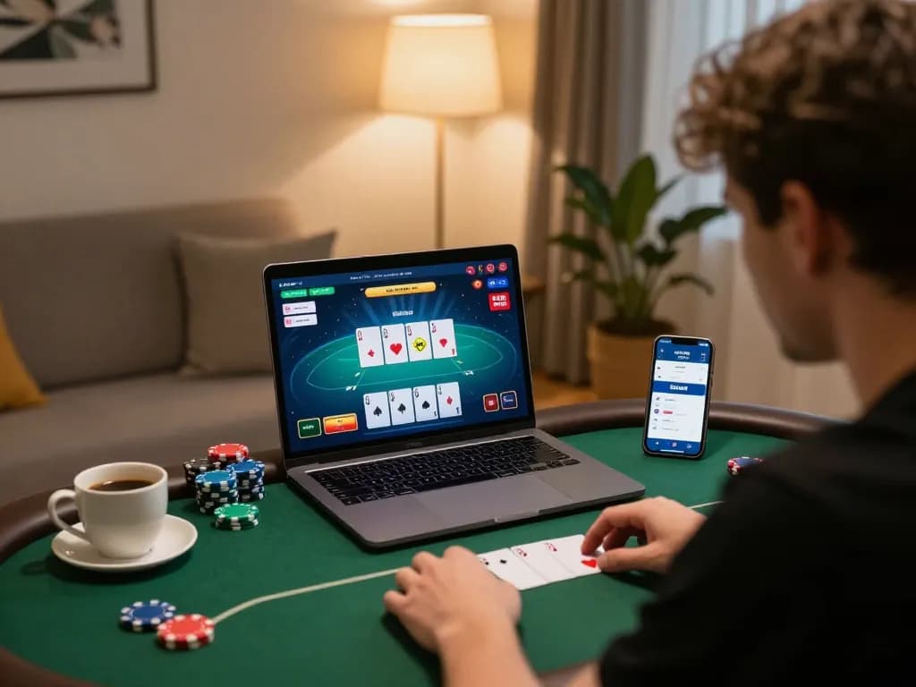 Experience the excitement of uu88 online poker with a player strategizing at home.
