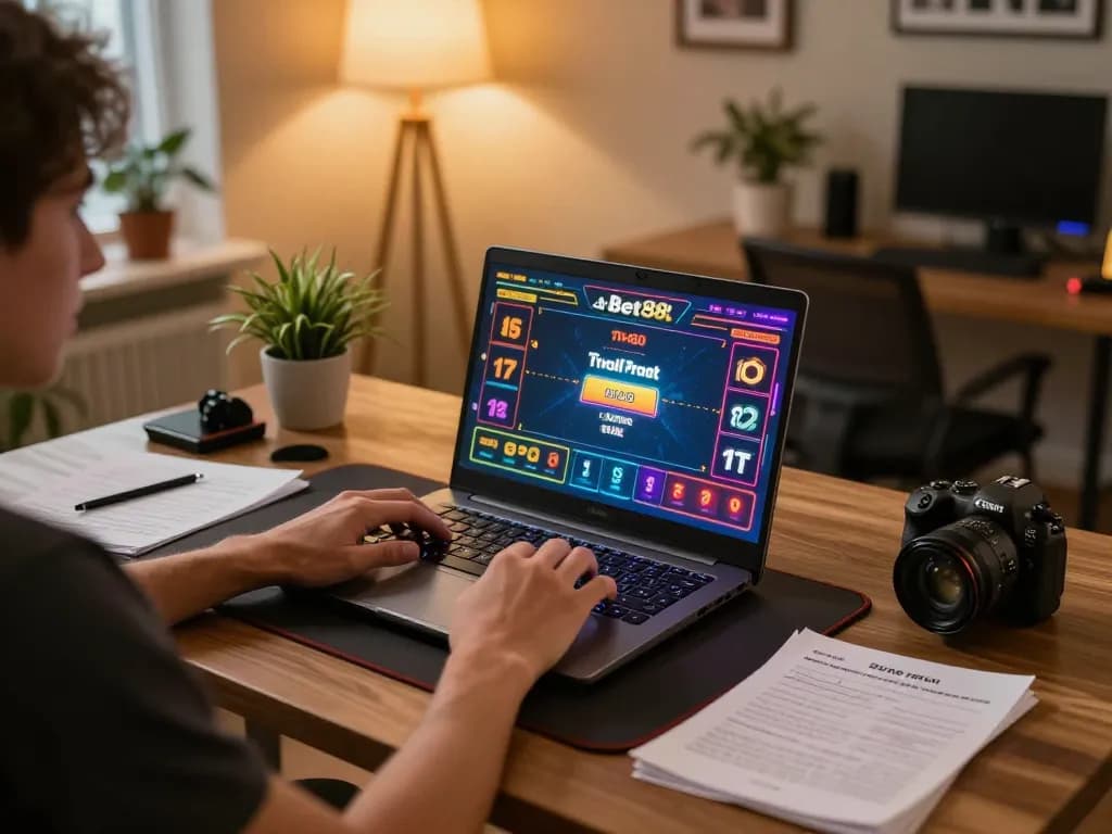 Bet88 user immersed in online casino gaming, laptop displaying live dealer action amidst a cozy home setup