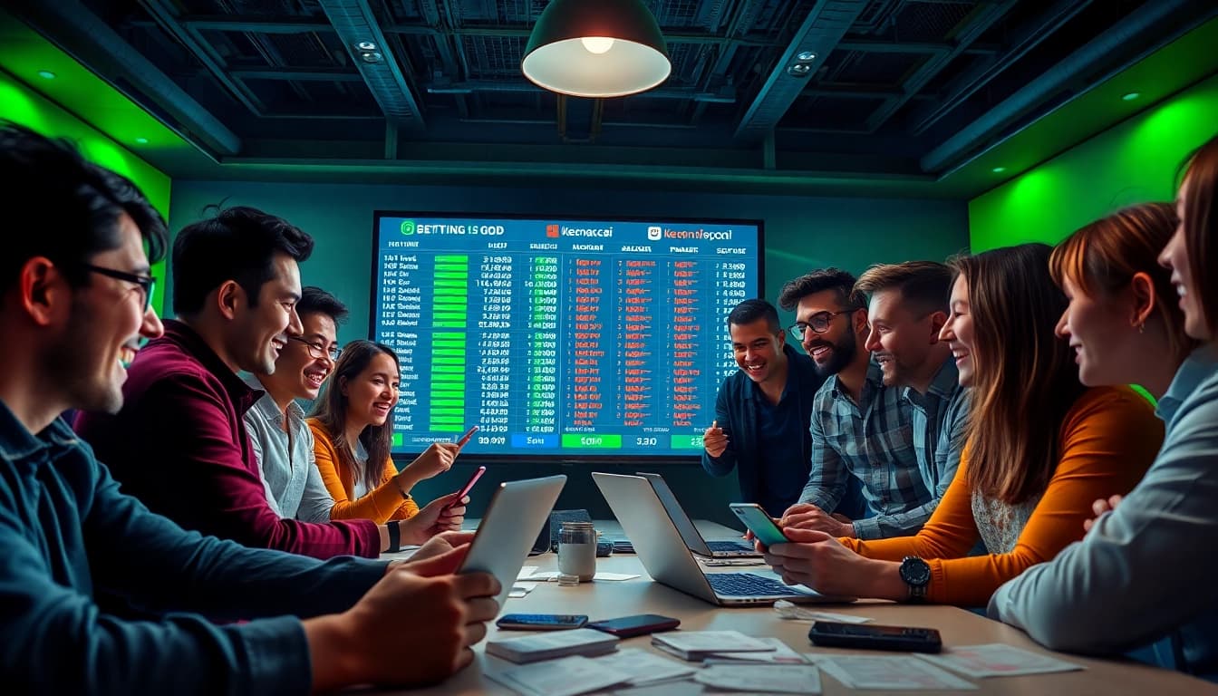 Dynamic keonhacai betting scene with diverse individuals engaged in sports betting.