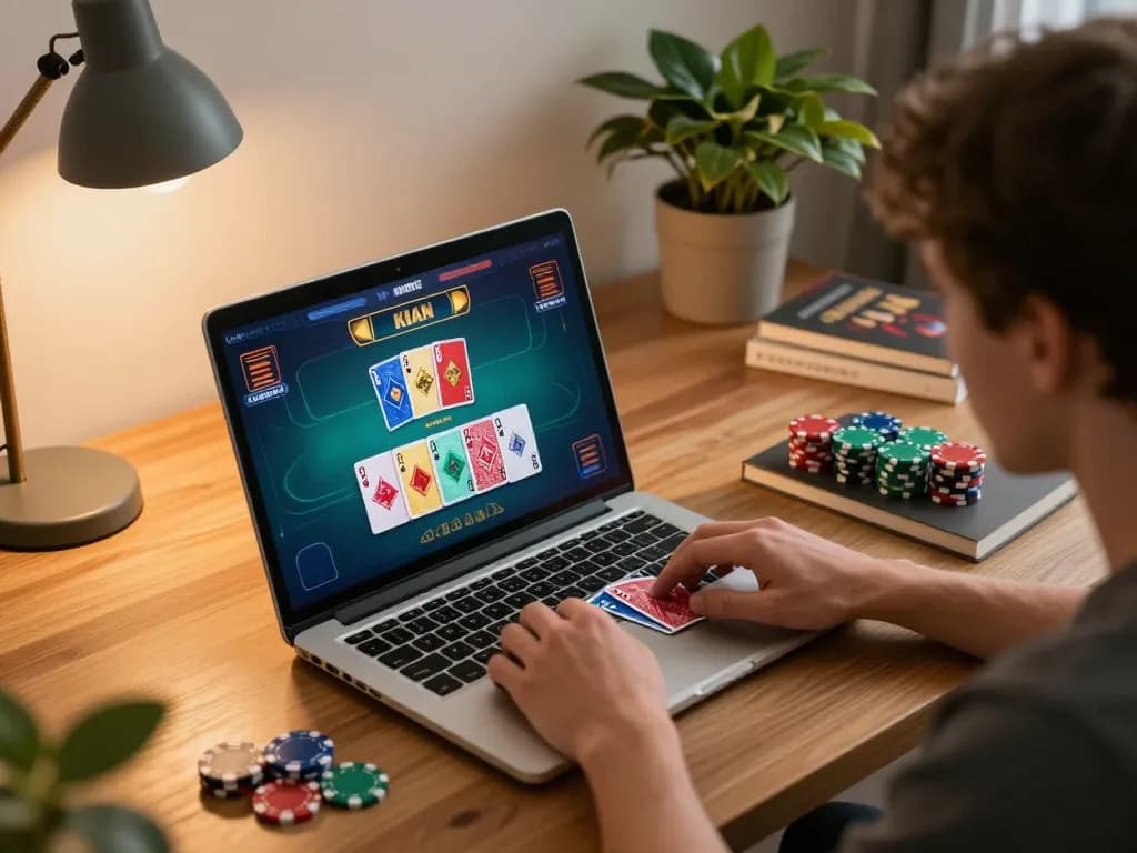 Xo88 player engaging in a lively poker game online, showcasing strategic gameplay and cozy atmosphere.