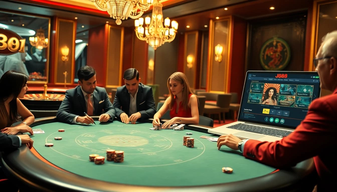 Engaging poker players at J88 casino table with high-stakes action and ambient lighting.