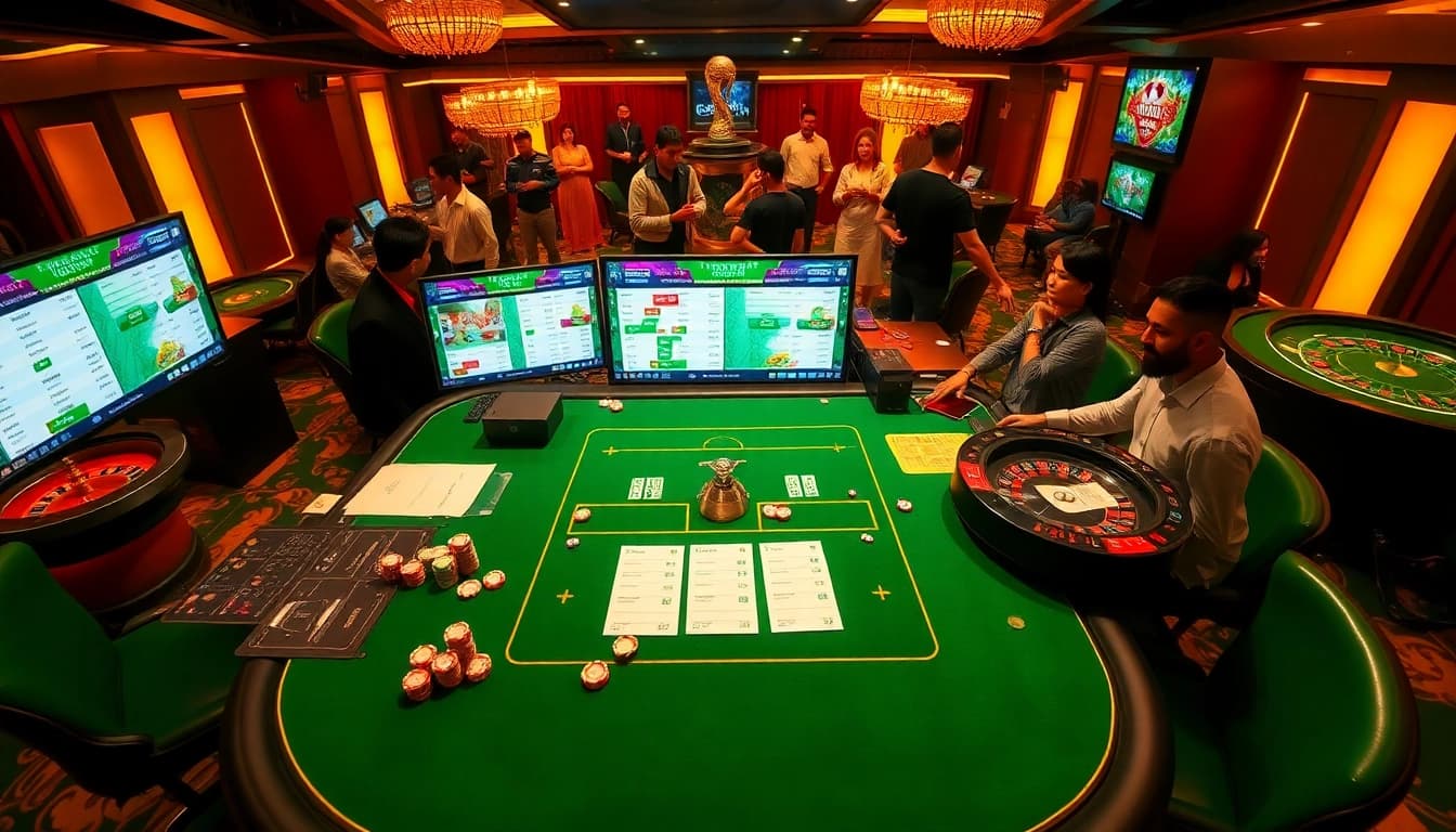 Engaging players at a Judi Piala Dunia betting table in an elegant casino.