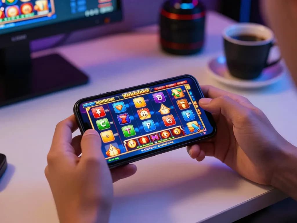 Kdslot user playing a vibrant mobile slot game, showcasing exciting gameplay and modern gaming accessories.