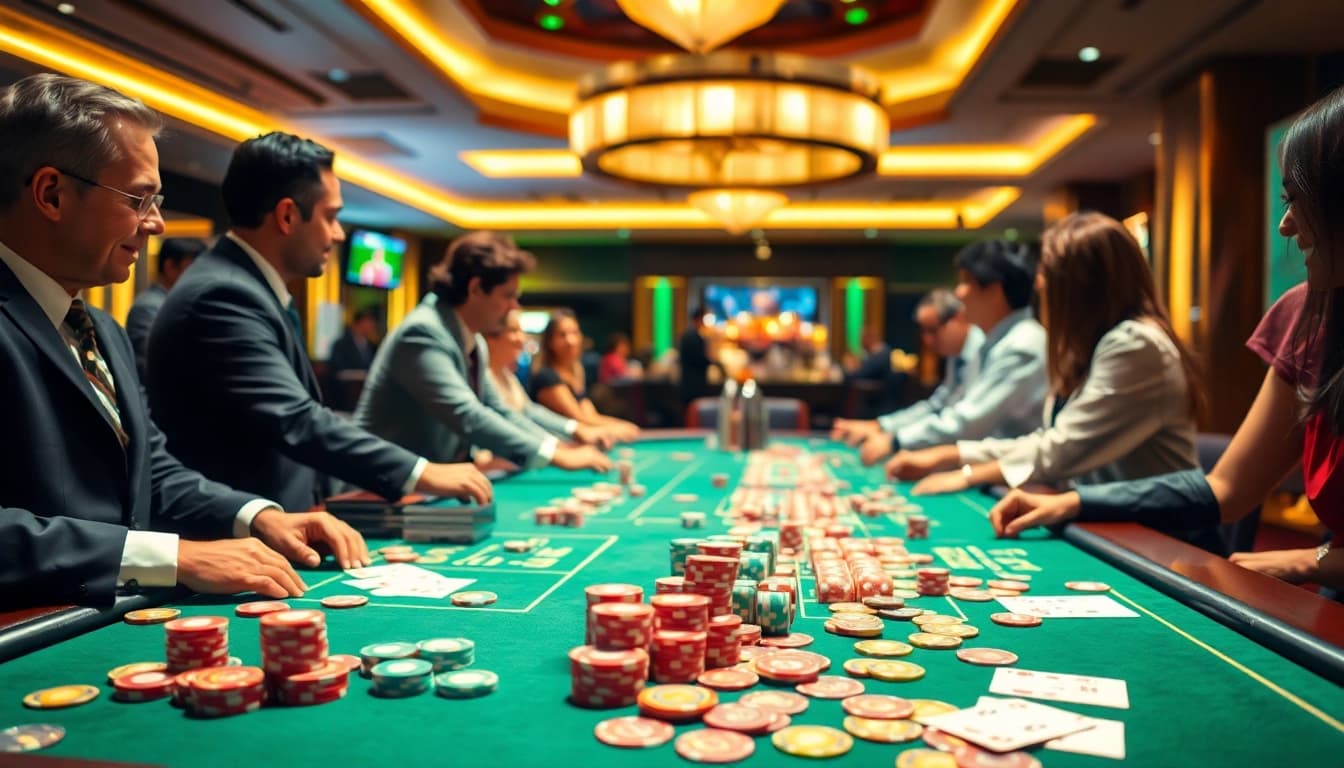 Engaging atmosphere in a Live Casino with players and dealers, accented by colorful chips.