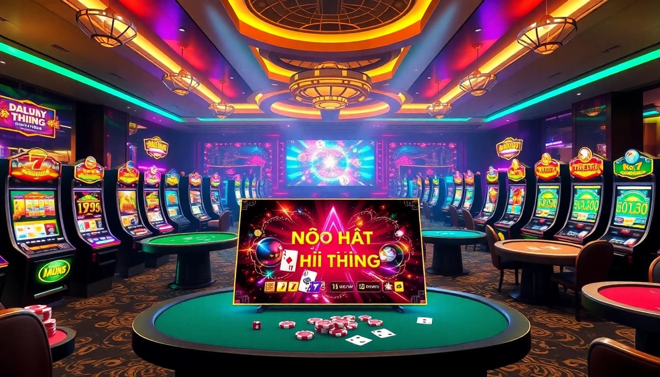 Nổ Hũ Đổi Thưởng displays an exciting online casino scene with vibrant slot machines and action-packed gaming atmosphere.
