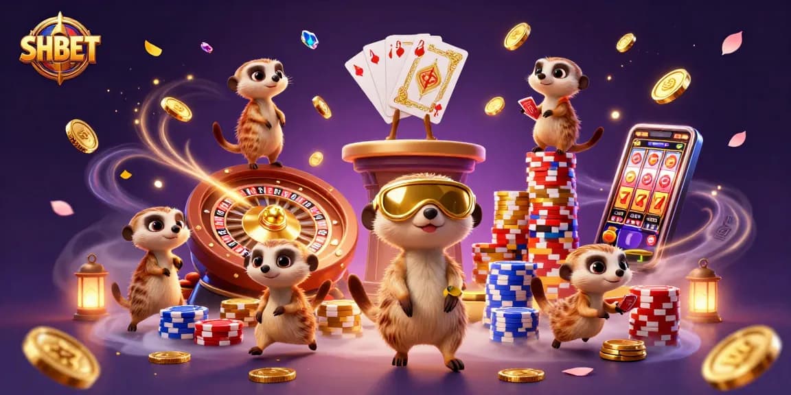Experience SHBET's thrilling casino atmosphere with entertaining meerkats and vibrant gaming elements.
