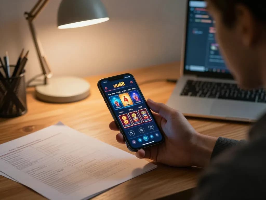 Engaging with the uu88 casino app on a smartphone in a cozy home setting while analyzing strategies.