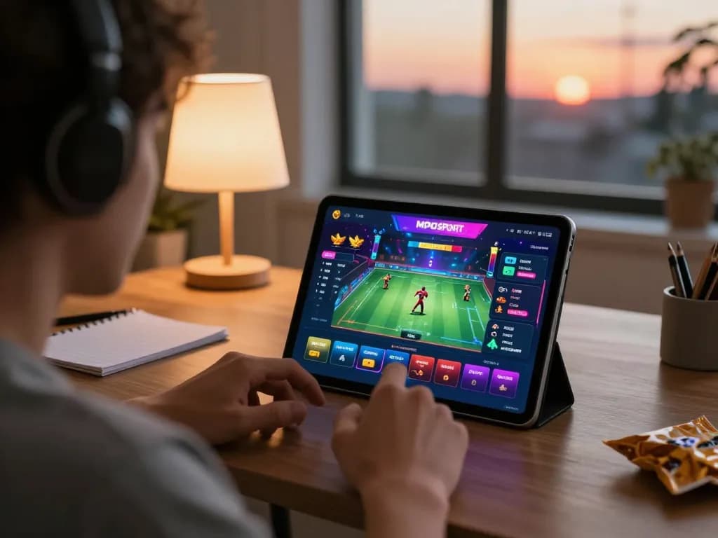 Engaging gameplay on mpo sport mobile app with colorful casino graphics in cozy home setting