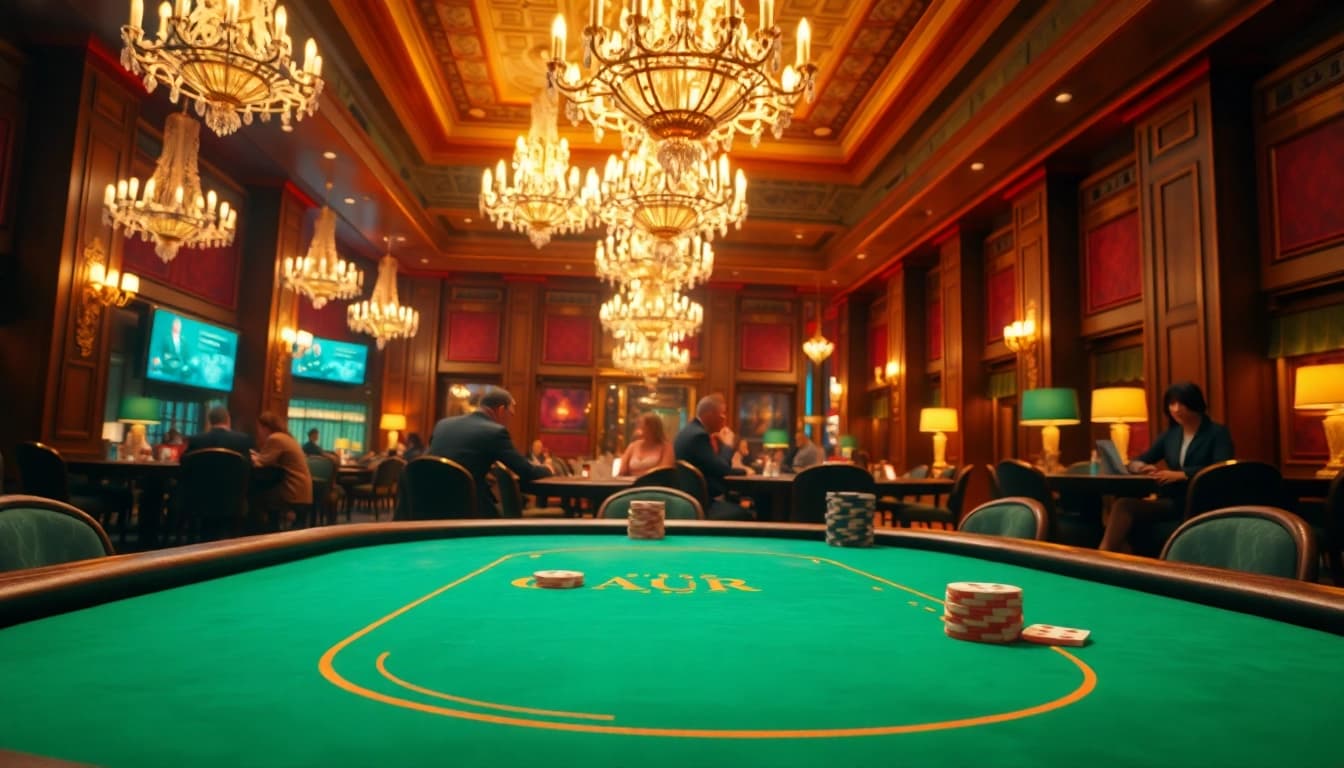Join the excitement of uu娛樂 at a luxurious casino poker table with engaging players.