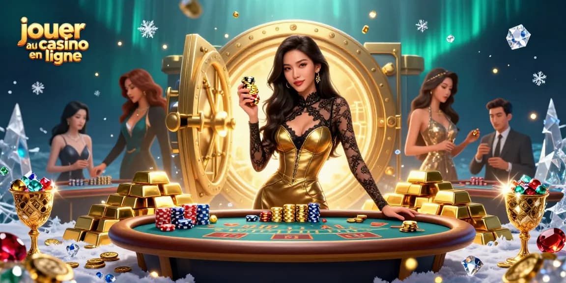 Experience jouer au casino en ligne with a glamorous Asian woman at a VIP baccarat table amidst gold treasures.