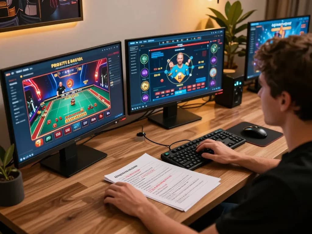 Tg88 user immersed in online gaming with multiple screens showcasing casino games and betting strategies.