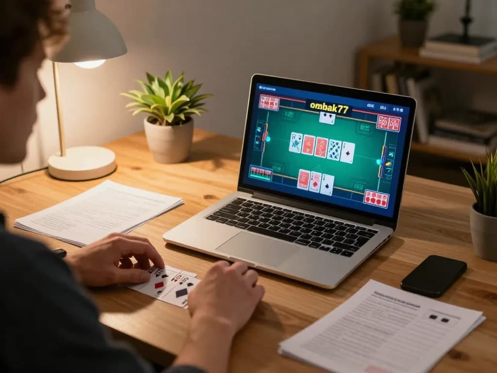 Pemain yang terlibat sedang merencanakan strategi dengan permainan poker ombak77 di laptop di rumah.