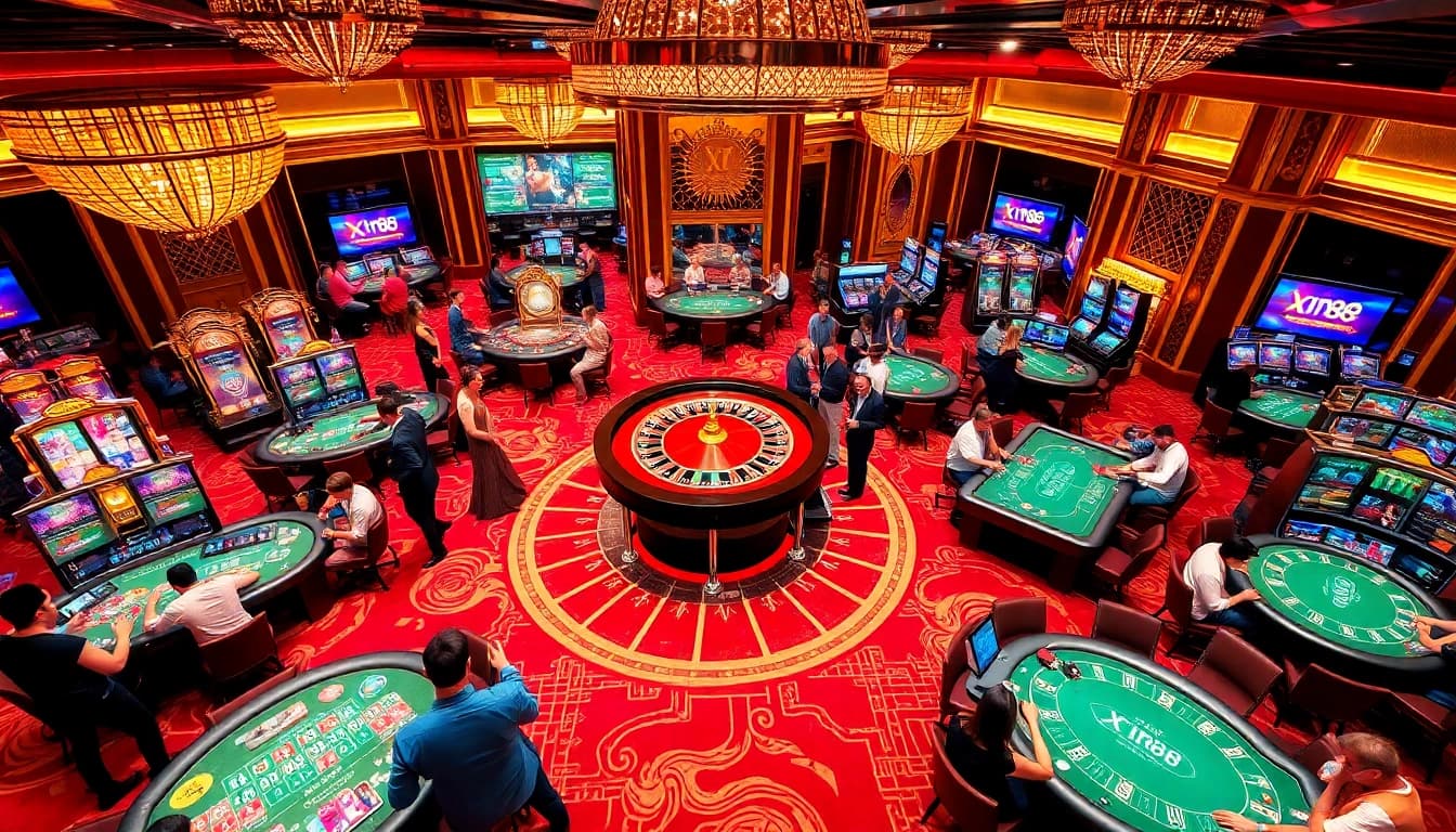 Players enjoying a vibrant casino experience at Xin88, featuring roulette tables and dynamic gameplay.