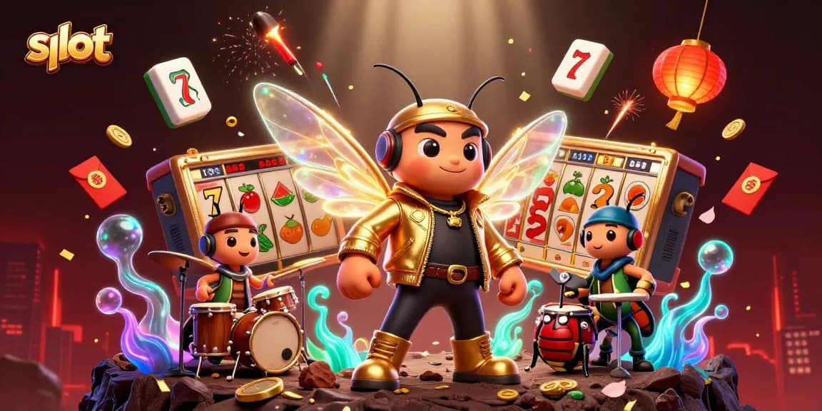Spin the slot reels with vibrant 3D characters celebrating casino wins in this dynamic illustration.
