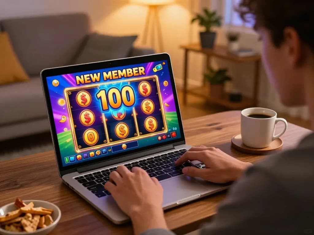 Experience thrilling slot gameplay featuring a bonus new member 100 offer in a cozy home setting.