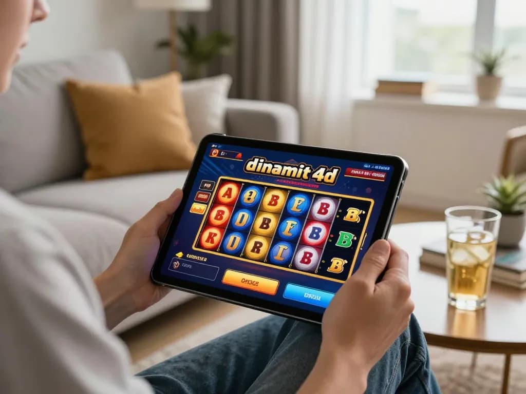 Player enjoying dinamit4d online slots on a tablet in a cozy living room setup.