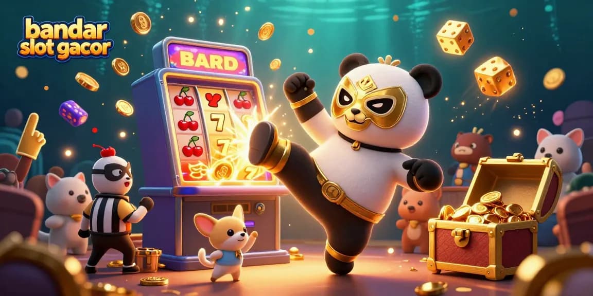 Experience the excitement of bandar slot gacor with a vibrant 3D casino scene featuring anthropomorphic characters and slot elements.