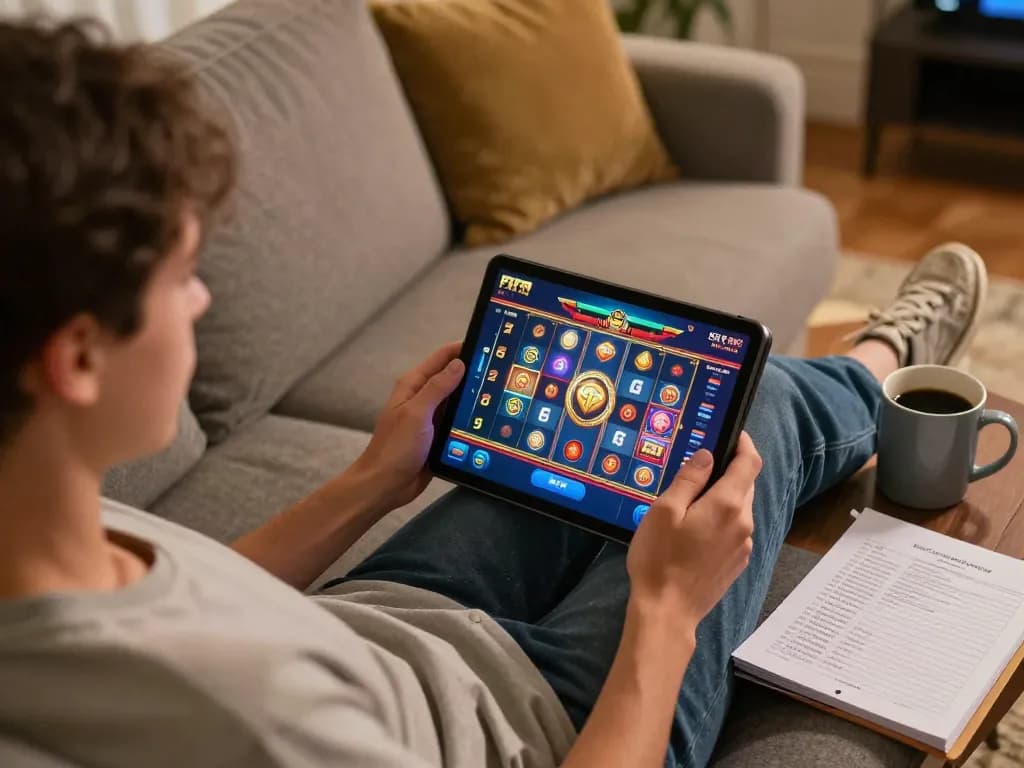 Play FAFA 828 online slots on a tablet from a cozy home setup, emphasizing strategic gaming.