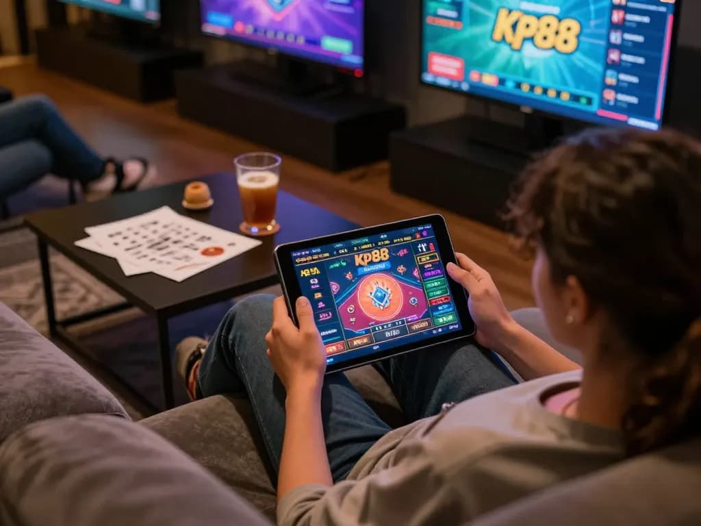 Engaging with kp88's online casino on a tablet, highlighting strategic gameplay and comfortable setting.
