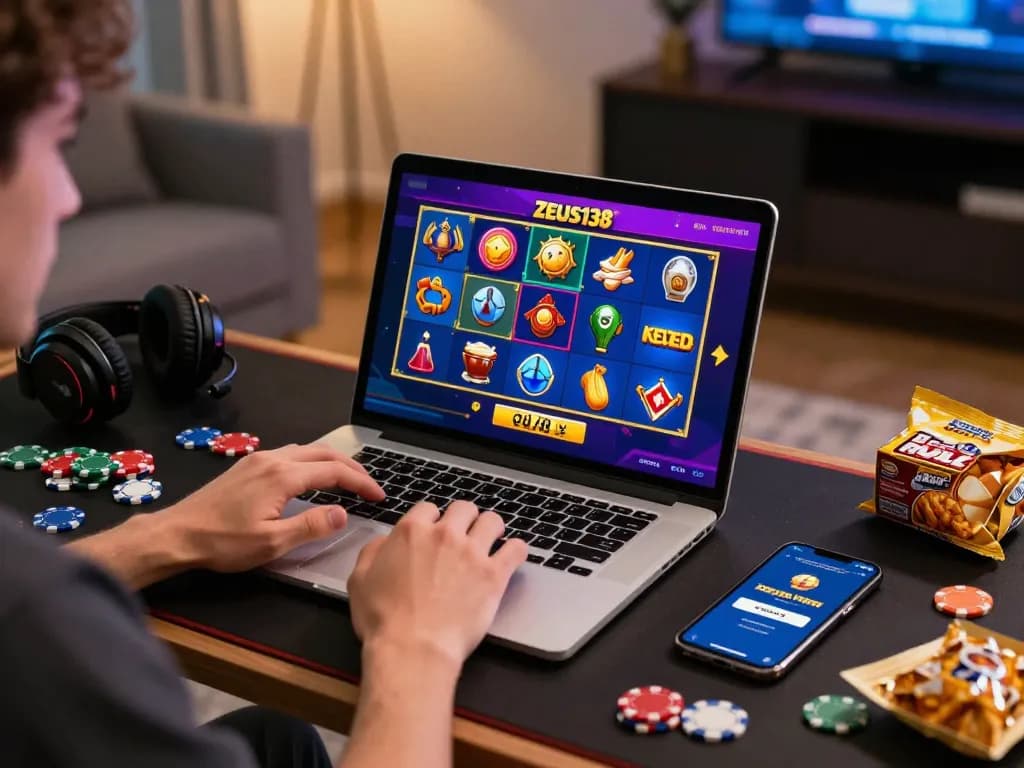 Player enjoying Zeus138 online slots in a modern gaming setup, showcasing excitement and interactive gaming.