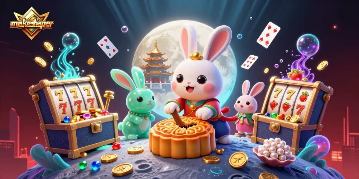 Engage with makeshaper by exploring a vibrant lunar-inspired casino scene featuring slot reels and poker chips.