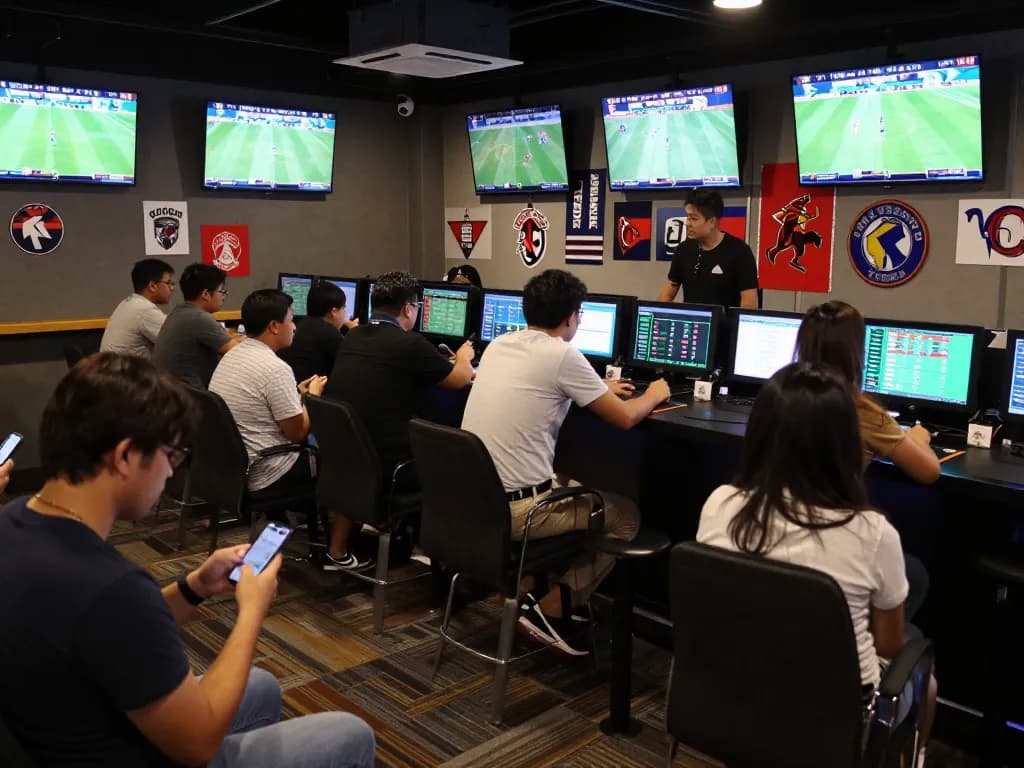 Kèo nhà cái hôm nay showcased in a dynamic sports betting lounge with fans engaging in betting activities.