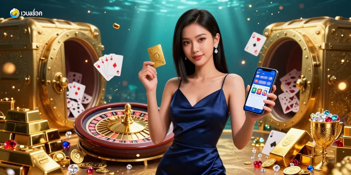 Play thrilling games at เว็บสล็อต with a stunning Asian woman showcasing casino excitement.