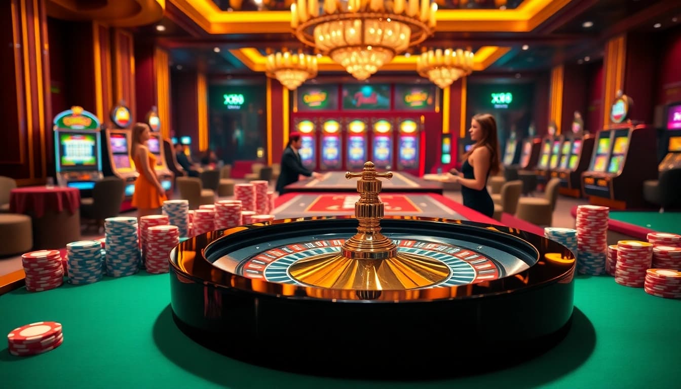 xx88 online casino scene with roulette, poker chips, and luxury gaming atmosphere.
