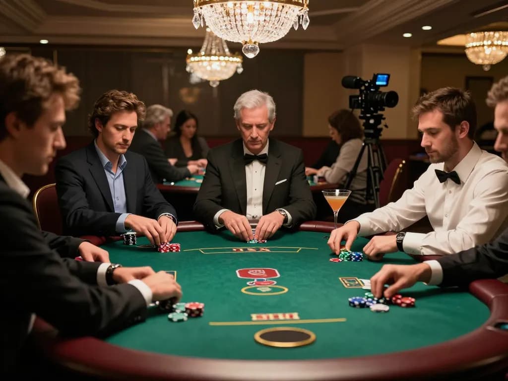 Players at cm88 poker table strategizing their moves in an upscale casino setting.