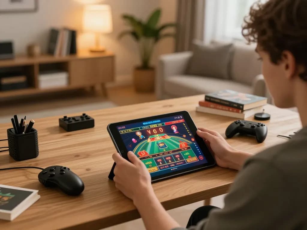 Engaging with online gambling on the Trang Chủ O8 tablet, reflecting a cozy personal gaming setup.